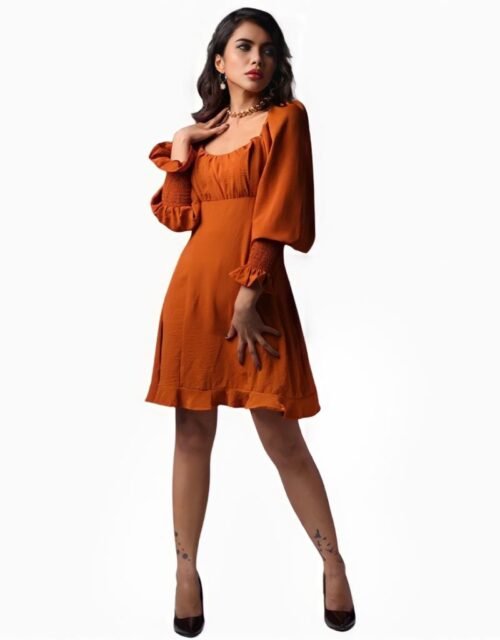 Long sleeve square neck wrinkle ruffles orange dress