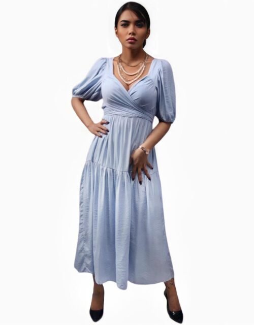 Short sleeve V neck maxi blue dress