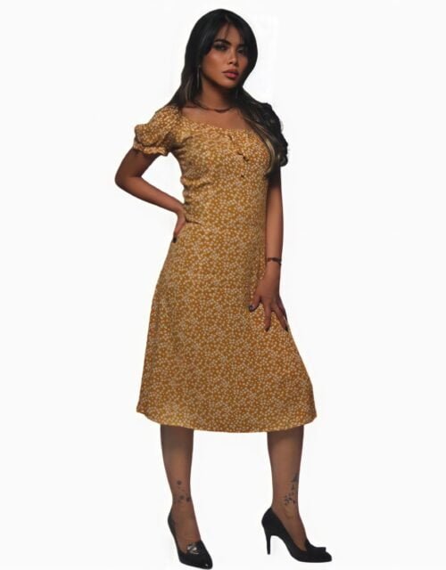 Square neck short sleeve tiny floral brown dress