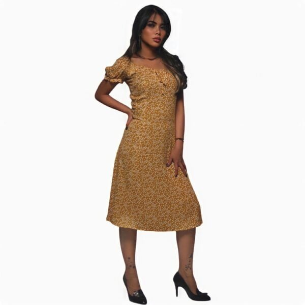 Square neck short sleeve tiny floral brown dress