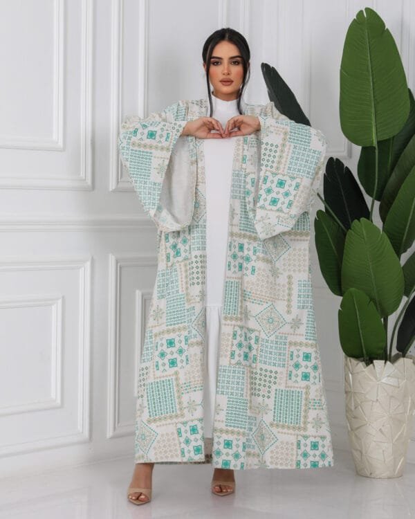 off white & green Jacquard Linen Abaya - Image 3