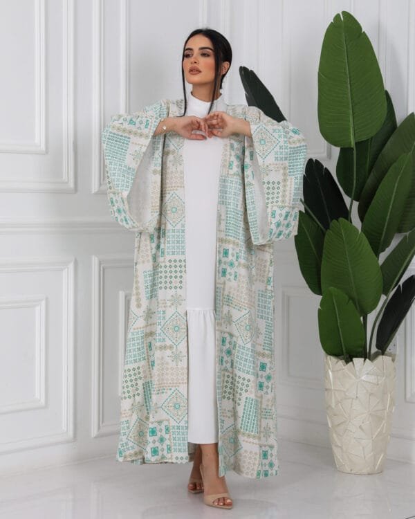 off white & green Jacquard Linen Abaya - Image 4