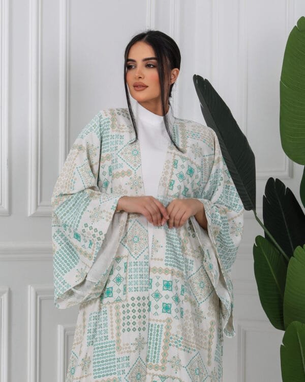 off white & green Jacquard Linen Abaya - Image 5