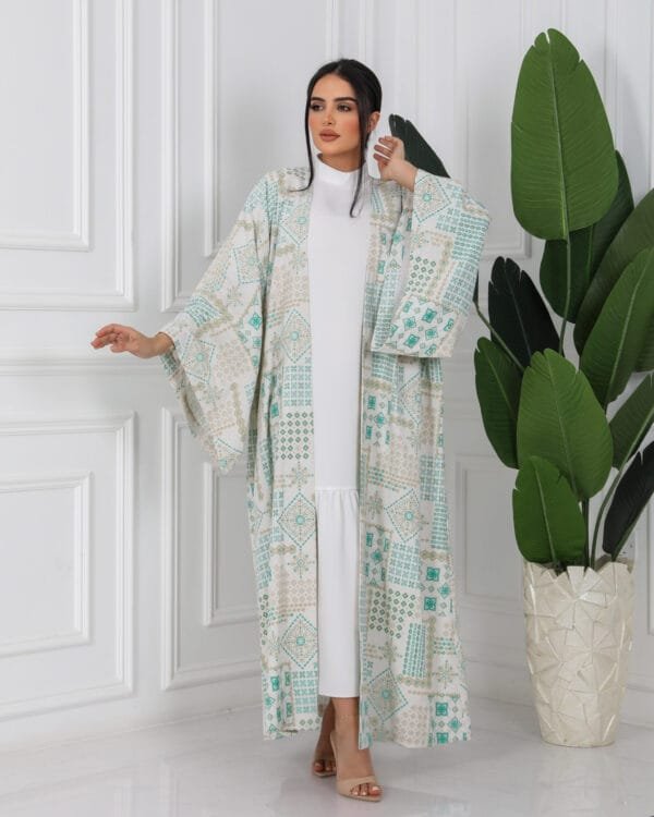 off white & green Jacquard Linen Abaya - Image 6
