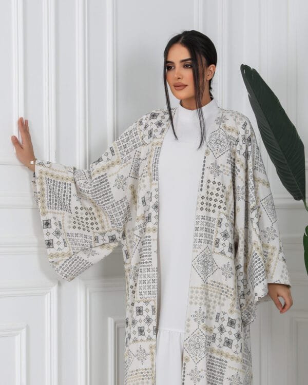 off-white & Black Jacquard Linen Abaya - Image 6