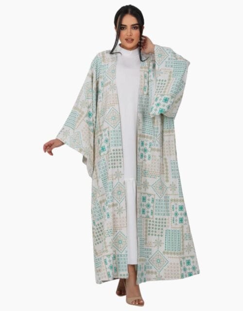 off white & green Jacquard Linen Abaya