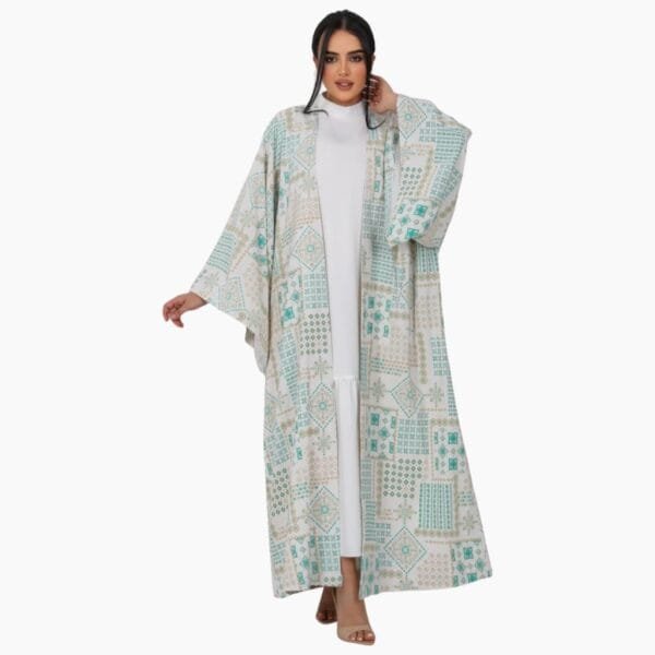 off white & green Jacquard Linen Abaya