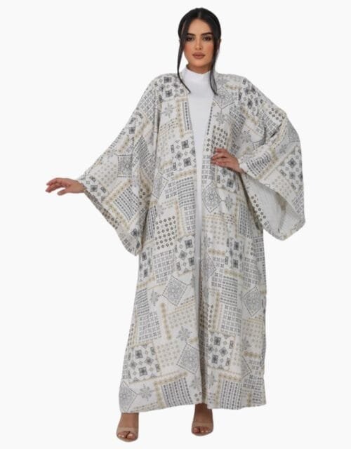 off-white & Black Jacquard Linen Abaya