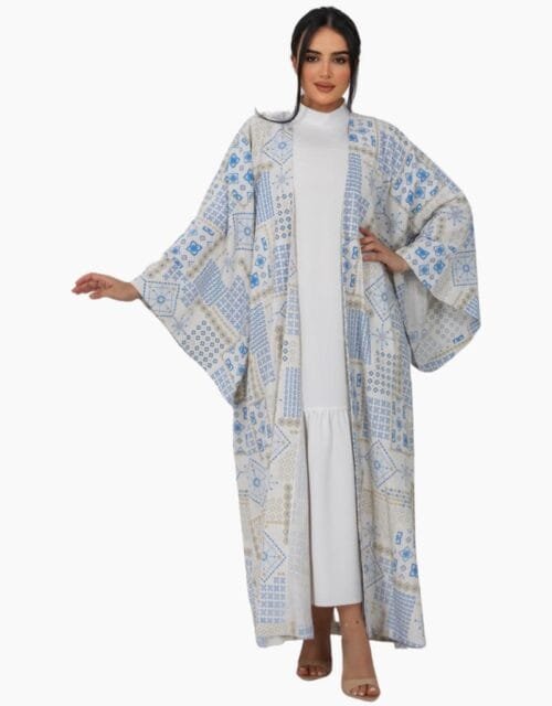 off-white & blue Jacquard Linen Abaya